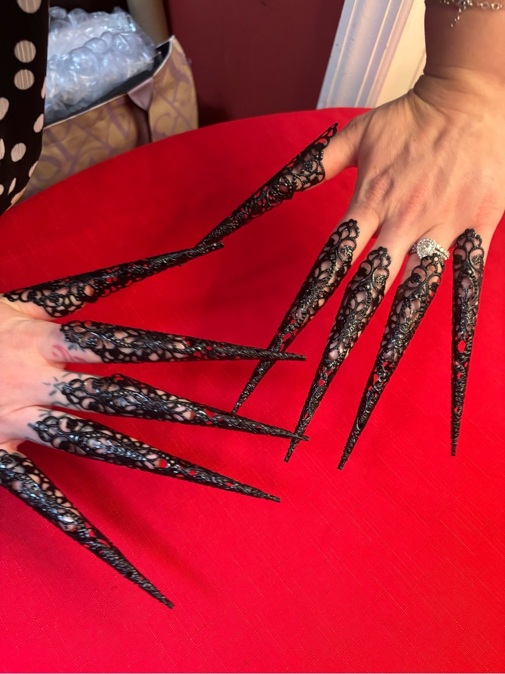 Black Lace Stiletto Nail Tips - Dramatic Gothic Nail Art